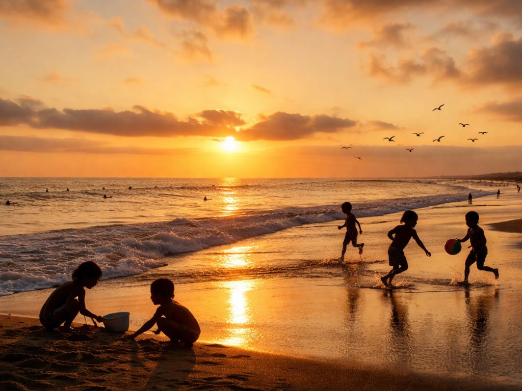 Pantai Berawa saat sunset dengan langit keemasan, ombak lembut, siluet anak-anak bermain di tepi pantai, dan burung-burung terbang di atas laut.