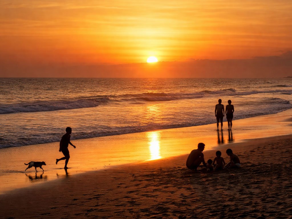 Pantai Seminyak Bali saat sunset dengan langit jingga keemasan, ombak tenang, siluet orang berjalan di tepi pantai, anak-anak bermain pasir, dan anjing berlari di sepanjang garis pantai.