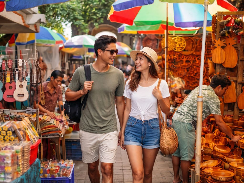 ubud market bali suasana siang wisatawan belanja kerajinan tangan tas rotan souvenir khas ubud pasar seni bali ramai
